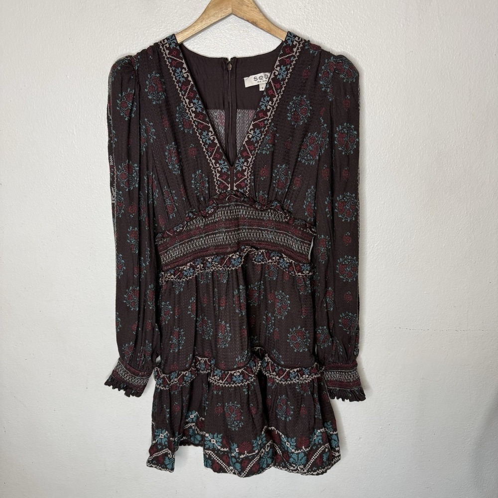 Sea New York Ellabeth Long Sleeve Dress Brown Cottagecore Ruffle Women's 6